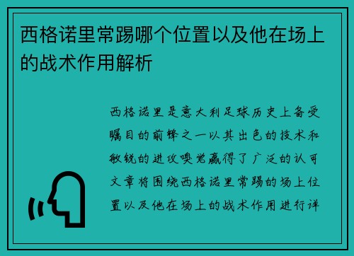 西格诺里常踢哪个位置以及他在场上的战术作用解析